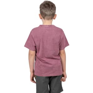 A kid's stone wash T-shirt in a soft maroon colour, featuring a simple design on the back.