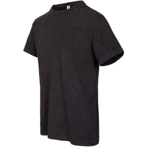 A black stone wash T-shirt with short sleeves and a crew neckline, featuring a logo on the label.