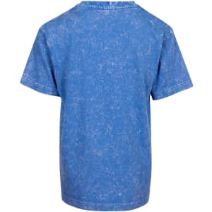 A blue stone wash T-shirt with a casual fit and short sleeves, featuring a logo on the back.