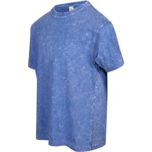 A blue stone wash T-shirt with a round neckline and short sleeves. It has a logo on the label area.