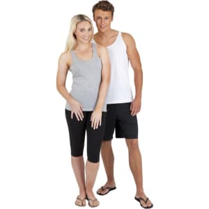 Men's American style singlet in white, paired with a grey tank top, modelled by a man and woman. Both wear casual attire.