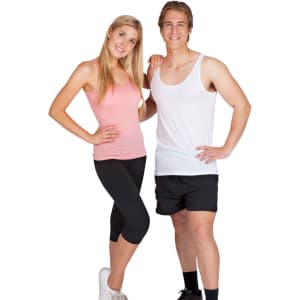 A man wearing a white singlet and black shorts stands next to a woman in a pink singlet and black leggings.