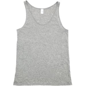 A grey men's American style singlet featuring a scoop neck and no sleeves. Includes a branded label.