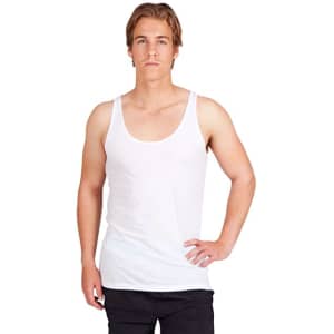 A white men's singlet with a scoop neck, featuring a model standing confidently in front of a plain background.