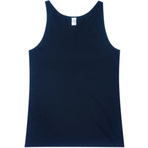 A navy blue singlet with a scoop neck and sleeveless design, featuring a small logo.