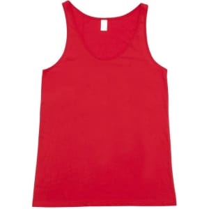 A red men's singlet featuring a simple design and a tag on the inside.