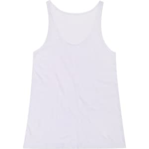 A white men's singlet with a rounded neckline and no sleeves, featuring a logo on the front.