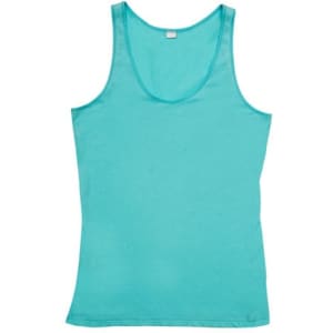 A women's American style singlet in a vibrant turquoise colour, featuring a simple design and a logo.