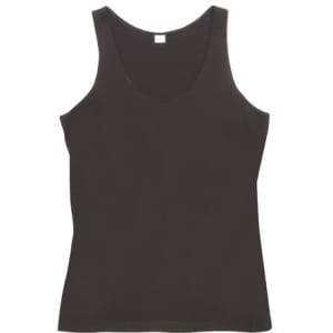 A black women's American style singlet with a scoop neckline and no sleeves, featuring a label inside.