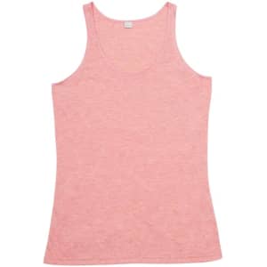 A pink women's singlet featuring a scoop neckline and a fitted design, with a brand logo visible.