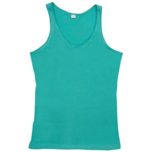 A turquoise women's singlet with a scoop neckline and no sleeves. The top features a label at the neck.