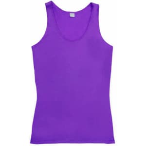 A purple women's singlet with a sleeveless design and a rounded neckline, featuring a logo.