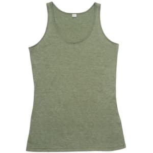 An olive green women's singlet with a fitted design and a rounded neckline, featuring a brand logo.