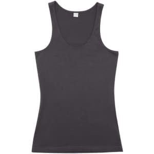 A black women's American style singlet with a scoop neckline and no sleeves, featuring a tag at the neck.
