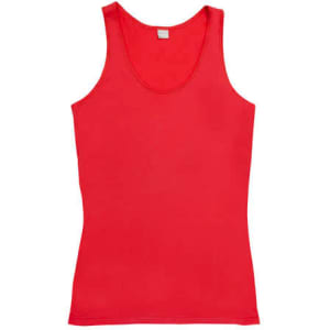 A red women's singlet featuring a scoop neck and a fitted design, with an attached logo.