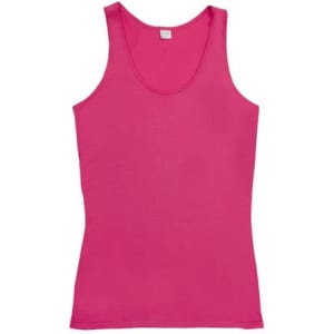 A pink women's singlet with a classic tank top design and a label at the neckline.