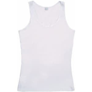 A white women's singlet featuring a classic sleeveless design and a logo on the label.