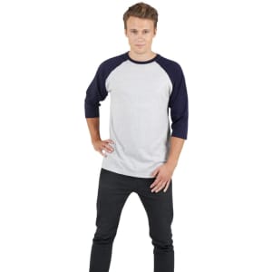 Men's unisex 3/4 sleeve raglan T-shirt in grey and navy blue, featuring a logo on the front.
