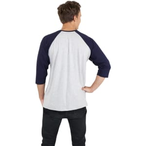 A grey and navy 3/4 sleeve raglan T-shirt displayed from the back, featuring a logo.
