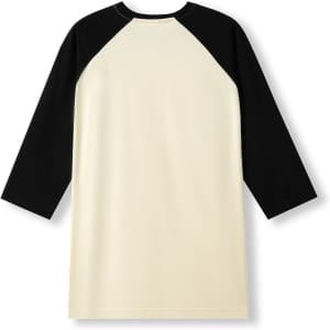 A unisex 3/4 sleeve raglan T-shirt featuring a cream body and black sleeves, with a logo on the back.