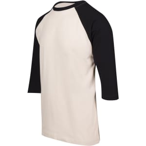 A men's/unisex 3/4 sleeve raglan T-shirt in cream and black with a logo.