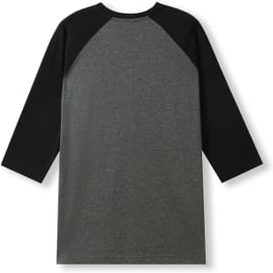 A black and grey men's/unisex 3/4 sleeve raglan T-shirt with a simple design and a logo on the back.