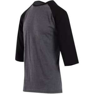 A grey 3/4 sleeve raglan T-shirt with black sleeves, featuring a simple design and a logo on the back.