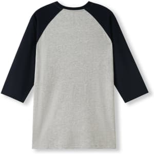 A 3/4 sleeve raglan T-shirt in grey with navy sleeves, featuring a logo on the back.