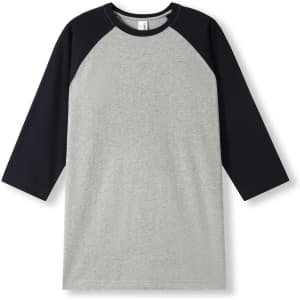 A grey and navy blue men's/unisex 3/4 sleeve raglan T-shirt with a raglan design and no visible logos.