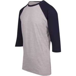 A grey and navy unisex 3/4 sleeve raglan T-shirt with a round neckline and a logo on the chest.