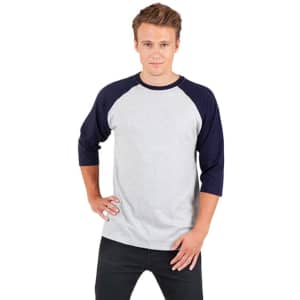 A grey and navy unisex 3/4 sleeve raglan T-shirt with a logo, worn by a model.