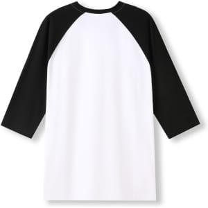 A unisex 3/4 sleeve raglan t-shirt featuring black sleeves and a white body, designed with a logo.