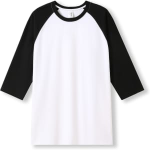 A unisex 3/4 sleeve raglan T-shirt featuring a white body and black sleeves, with a logo present.