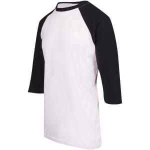 A 3/4 sleeve raglan T-shirt featuring a white body and black sleeves, with a logo on the shirt.