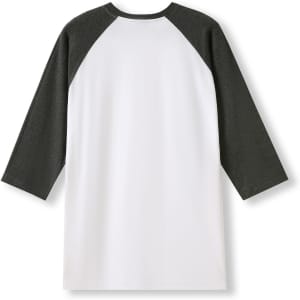 A white and grey unisex 3/4 sleeve raglan T-shirt with a plain design and logo on the back.
