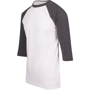 Men's/unisex 3/4 sleeve raglan T-shirt in white with grey sleeves, featuring a logo on the chest area.