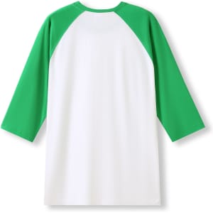 A 3/4 sleeve raglan T-shirt featuring a white body and green sleeves. The shirt has a logo on the back.