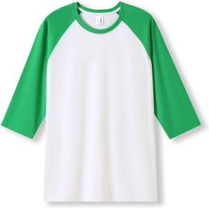 Men's/unisex 3/4 sleeve raglan T-shirt with white body and green sleeves. Features a logo on the front.