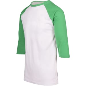 A 3/4 sleeve raglan T-shirt featuring green sleeves and a white body, with a logo on the front.