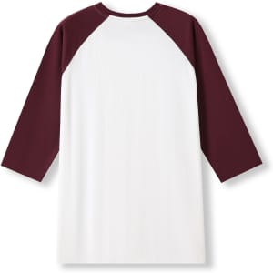 A maroon and white unisex 3/4 sleeve raglan T-shirt featuring a logo on the back.