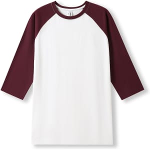 A white 3/4 sleeve raglan T-shirt with maroon sleeves, featuring a logo on the collar.
