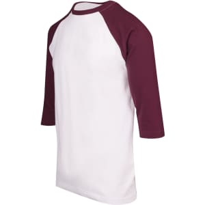 Men's/unisex 3/4 sleeve raglan T-shirt in white with maroon sleeves. Features a logo on the sleeve.
