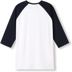 A unisex 3/4 sleeve raglan t-shirt featuring white fabric with navy blue sleeves and a logo.