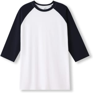 Men's/unisex 3/4 sleeve raglan T-shirt featuring white body and navy blue sleeves. Includes a logo.