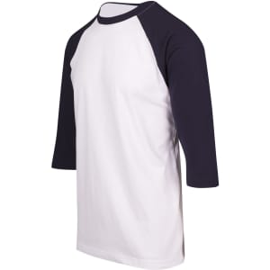 Men's/unisex 3/4 sleeve raglan T-shirt in white with navy sleeves. Features a simple design and a logo on the side.
