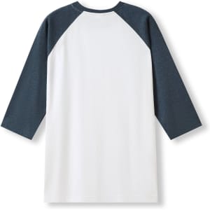 A unisex 3/4 sleeve raglan T-shirt featuring a white body and navy blue sleeves, with a logo on the back.