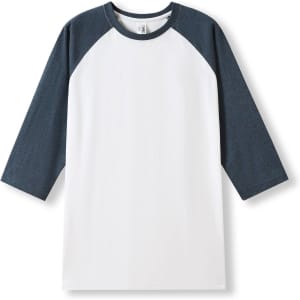A white unisex 3/4 sleeve raglan T-shirt with navy blue sleeves and a logo on the collar.