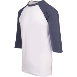 A unisex 3/4 sleeve raglan T-shirt in white with navy blue sleeves. It features a logo on the front.