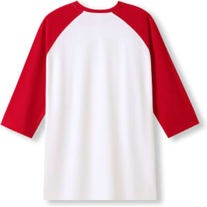 A unisex 3/4 sleeve raglan T-shirt with a white body and vibrant red sleeves at the back. It has a logo.