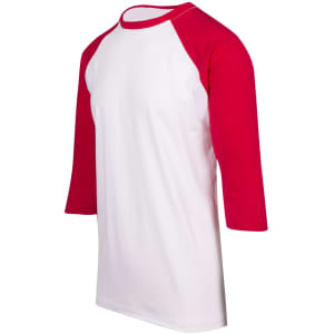 A unisex 3/4 sleeve raglan T-shirt featuring a white body and red sleeves, with a logo on it.